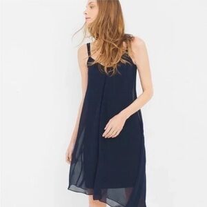 White House Black Market Asymmetric Chiffon Midi Dress, navy blue, size 14